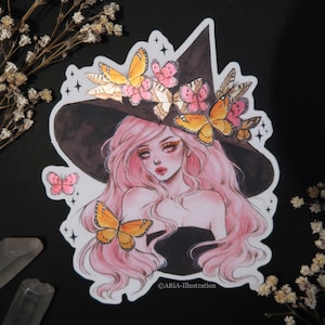 Sticker scintillant sorcière papillon OU aimant - Joli aimant scintillant pour réfrigérateur - étanche pour bouteille d'eau, ordinateur portable, agenda, bullet journal