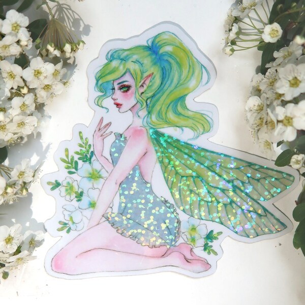 Green fairy holograpic glitter sticker OR magnet - cute  sparkly fridge magnet - waterproof - water bottle, laptop, planner, bullet journal