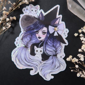 Cat witch holograpic glitter sticker OR magnet - cute sparkly fridge magnet - waterproof for water bottle, laptop, planner, bullet journal