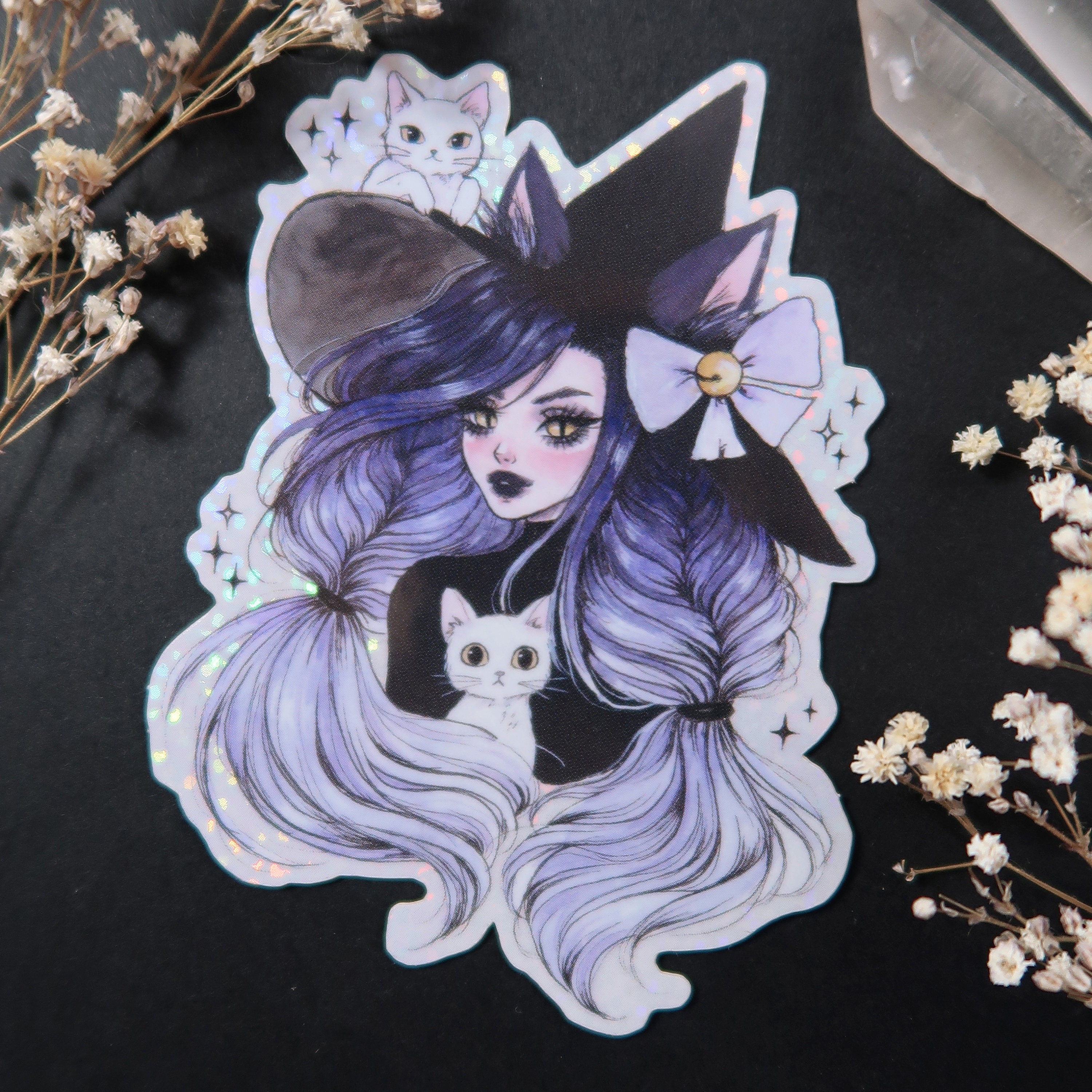 Cat witch holograpic glitter sticker OR magnet - cute sparkly fridge magnet - waterproof for water bottle, laptop, planner, bullet journal