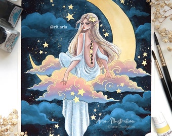 Moonlight Nymph Art print - Cute Wall decor painting - Mystical Moon poster - hand painted artwork - Celestial elf illustration - fine art