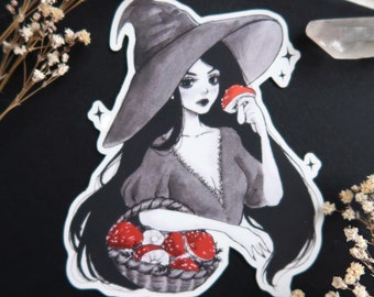 Mushroom witch shimmery sticker OR magnet - Cute autumn cottagecore sparkly fridge magnet - waterproof for water bottle, laptop, planner