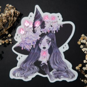 Sticker sorcière bougie OU aimant - Aimant de réfrigérateur sorcière goth effrayant - Sticker étanche pour bouteille d'eau, ordinateur portable, agenda, bullet journal