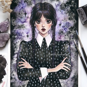 Impression d&#39;art Wednesday Addams - jolie décoration murale - affiche gothique - oeuvre d&#39;art peinte à la main - illustration de la famille Addams - oeuvre d&#39;art