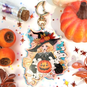 Halloween Hexe Holographischer Glitter Schlüsselanhänger I Witchy Acrylanhänger - Gruselige Halloween Geschenkidee - Goth Hexe Charm - Halloween Schlüsselanhänger