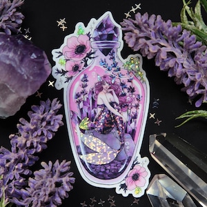 Autocollant ou aimant holographique scintillant de potion de lavande - Aimant de réfrigérateur de sirène en bouteille - imperméable pour la bouteille d'eau, l'agenda, le bullet journal