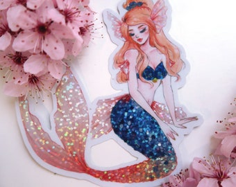 Betta mermaid holograpic glitter sticker OR magnet - cute mermaid sparkly fridge magnet - for water bottle, planner, bullet journal