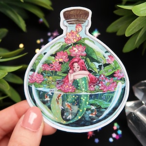Autocollant ou aimant holographique scintillant de potion de sirène de nénuphar - Aimant de réfrigérateur de sirène en bouteille - pour la bouteille d'eau, l'agenda, le bullet journal
