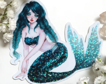 Apatite mermaid holograpic glitter sticker OR magnet - cute sparkly fridge magnet - waterproof for water bottle, planner, bullet journal