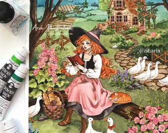 Impression d'art sorcière Cottagecore - décoration murale mignonne - affiche sorcière - oeuvre d'art peinte à la main - illustration cottage confortable - oeuvre d'art