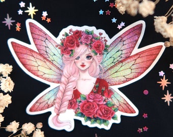 Valentine's fairy holograpic glitter sticker OR magnet - cute sparkly fridge magnet - waterproof - for water bottle, planner, bullet journal