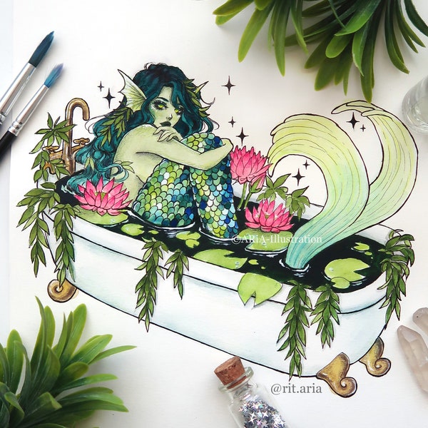 Moeras zeemeermin bad Art print - Fantasy illustratie- Zeemeermin in een badkuip - Muur decor schilderij - poster