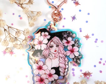 Sakura Witch glitter keychain - Holographic acrylic charm - Cute gift for the lovers of witchy and whimsical - Cherry blossom keychain