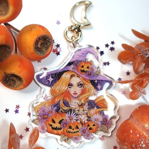 Pumpkin Witch glitter keychain I Acrylic charm - Spooky cute witchy gift - Halloween witch with cat  keychain