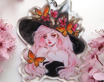 Butterfly witch glitter keychain - Acrylic charm - Cute gift