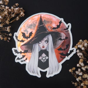 Blutmond schimmernder Aufkleber oder Magnet - Hexe Aufkleber - Spooky Halloween - Kühlschrankmagnet - wasserfest für Wasserflasche, Laptop, Planer