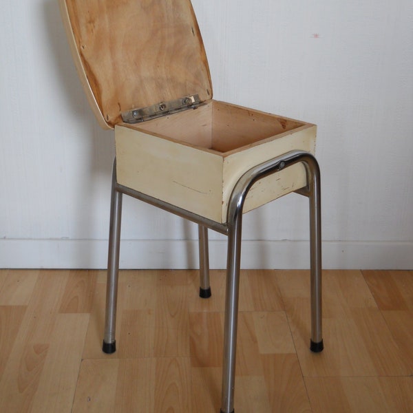 Rare vintage stool with integrated storage stainless steel and formica