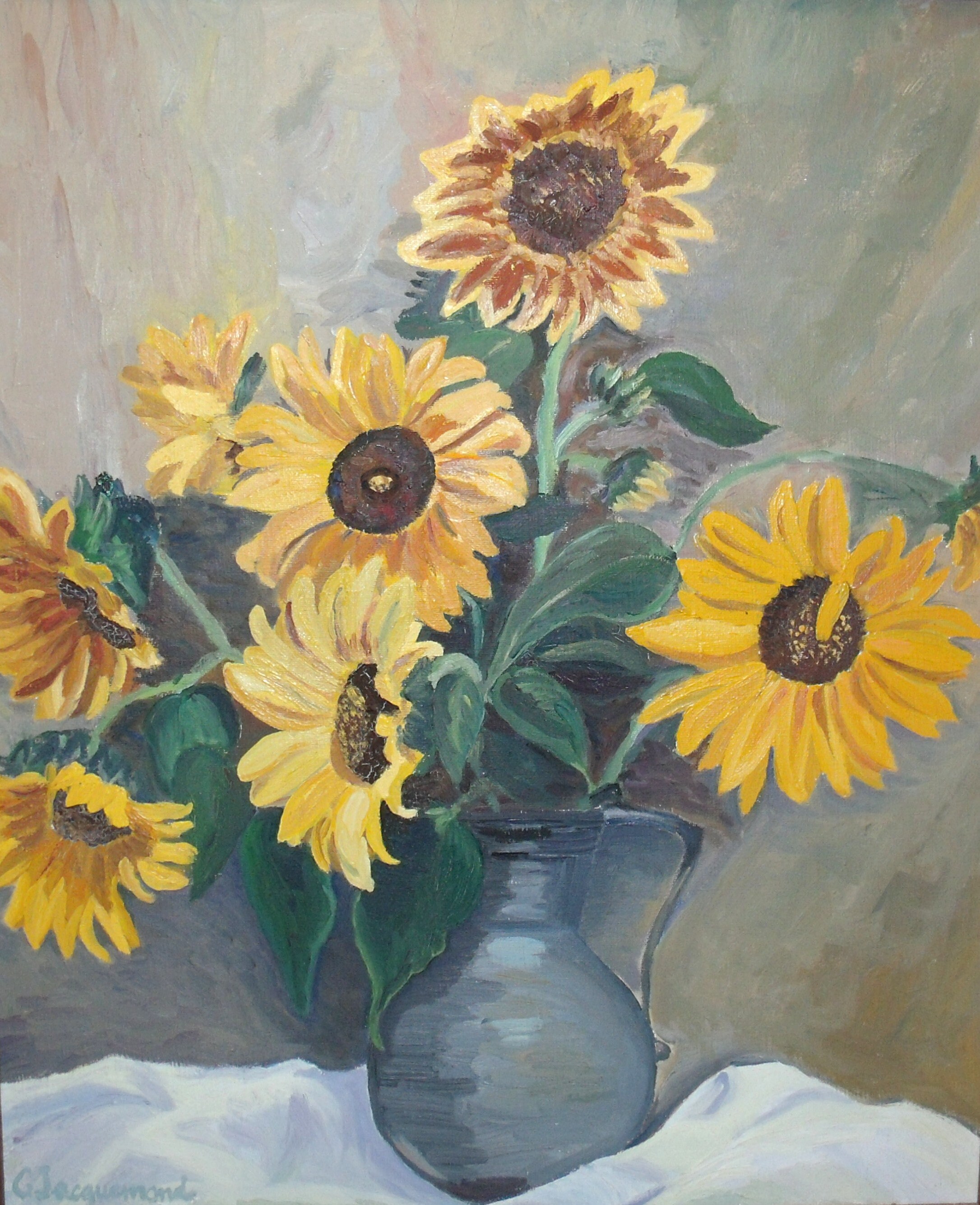 G. Jacquemond | 1948 - 2018 Oil On Canvas Depict A Bouquet Of Sunflowers in An Enamelled Ceramic Jug
