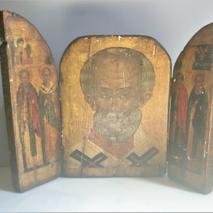 Saint Nicholas Orthodox Triptych Icons - antique style - Wood and mounted paper - Popular art - 1920s 1930s