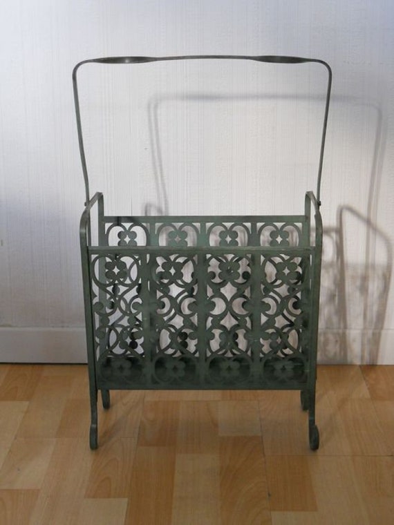 Living Room Or Dining Office Magazine Rack, in Wrought Iron & Vintage Openwork Sheet Metal