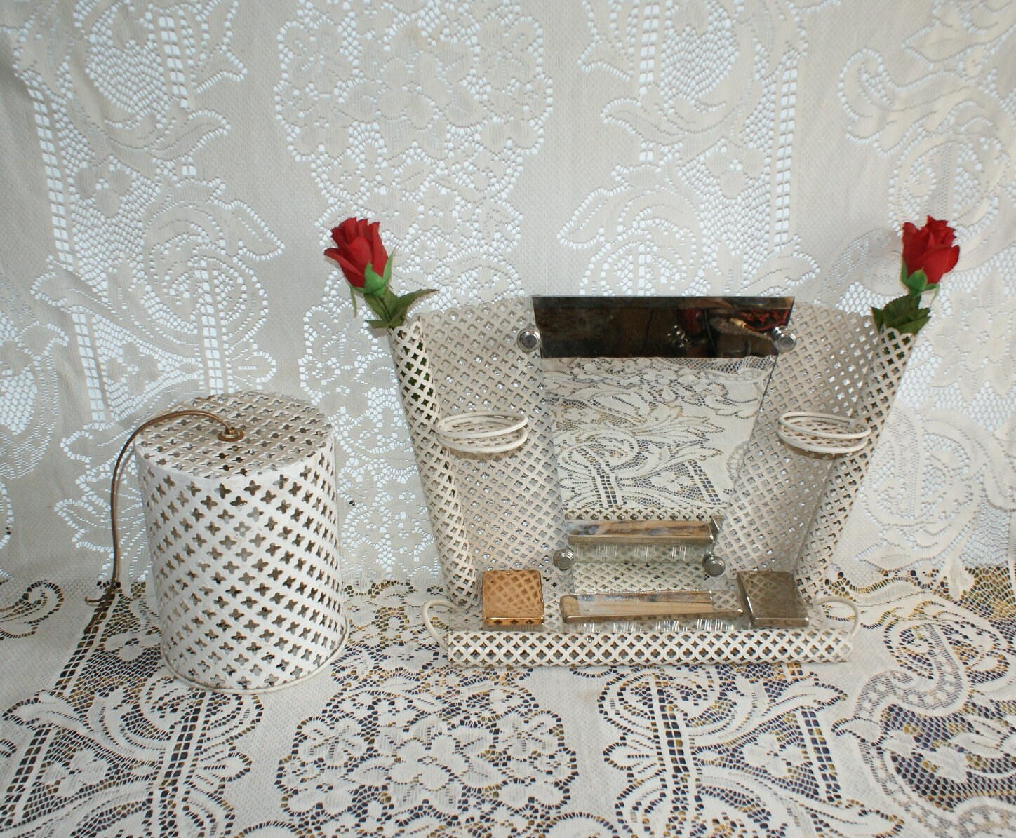 Mathieu Mategot Design/Very Rare Bathroom Set Shelf Accessory Holder & Its Chandelier Année 1950