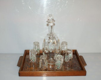 hand-enameled glass liqueur service, 8 pieces, with wooden tray with imitation tortoiseshell decoration