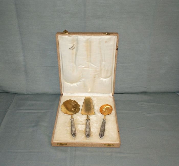 strawberry & Tart Service - .950 Silver Vermeil Goldsmiths Collet Raymond France Early 20Th Century