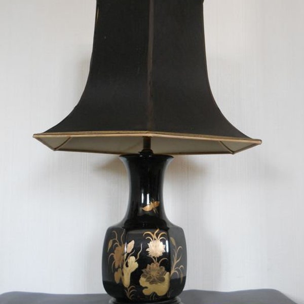 large living room lamp, signed MDA (house of decorative arts) black and gold enamelled porcelain, art nouveau style