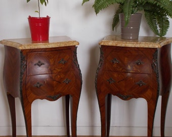 Pair of Louis XV style bedside tables in mahogany and veneer with two drawers and marquetry