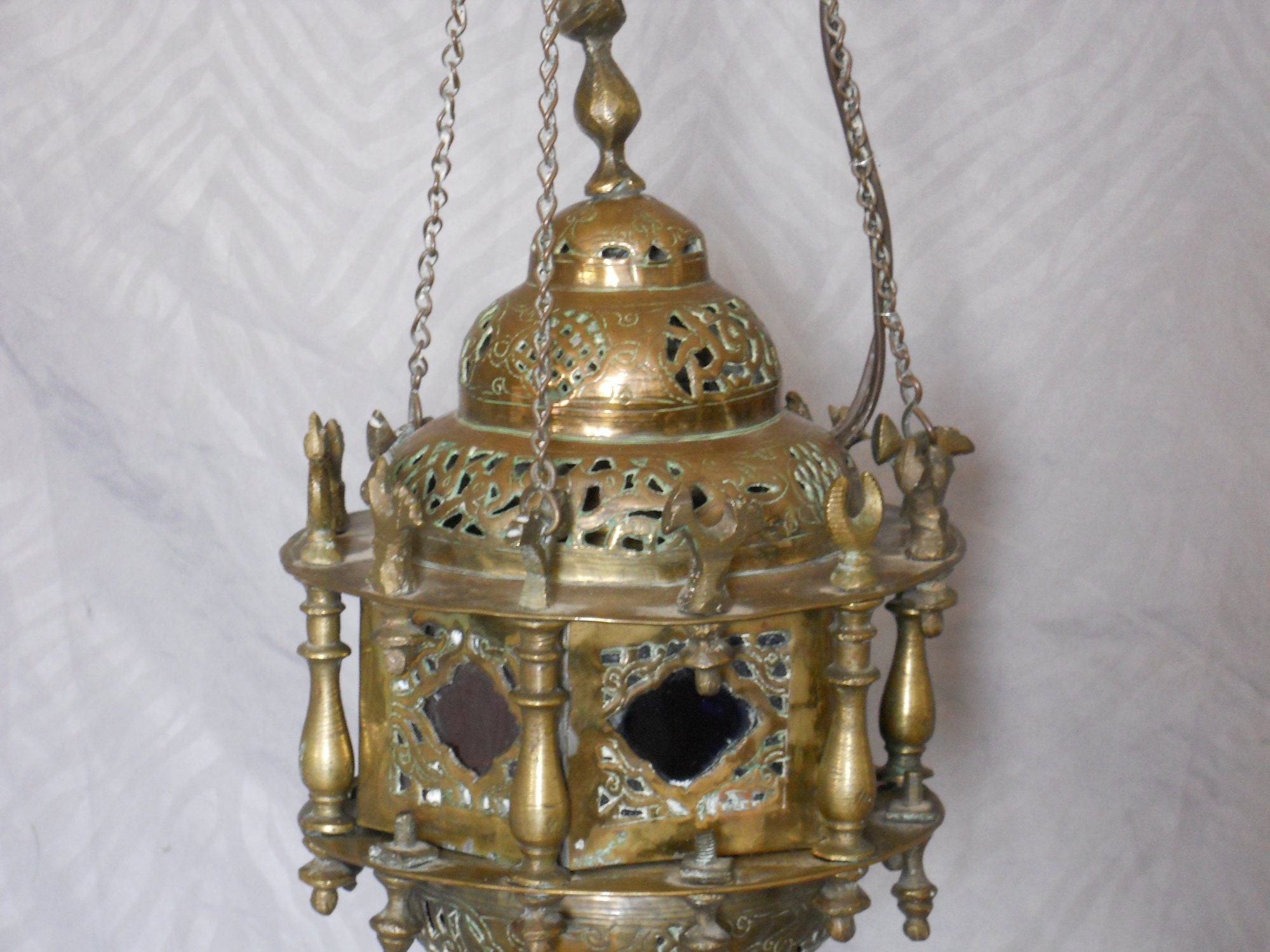 Antique Moorish Oriental Hanging Lantern morocco in Bronze and Brass