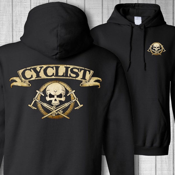 Cyclist skull hoodie, bicyclist skull hooded sweatshirt, street bicycle crossbones hoodie, jolly roger 2 sided graphic cycling hoodie.