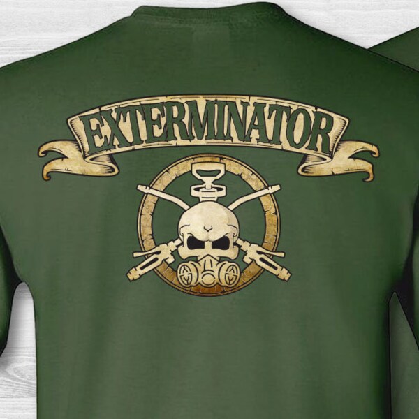 Men's exterminator skull & crossbones t-shirt. Exterminators short sleeve tee shirt. Extermination 2 sided shirt. Pest control badge shirt.