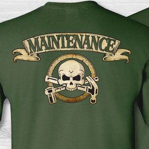 Maintenance skull & crossbones t-shirt. Maintenance technician short sleeve tee shirt. Handyman badge skull shirt.