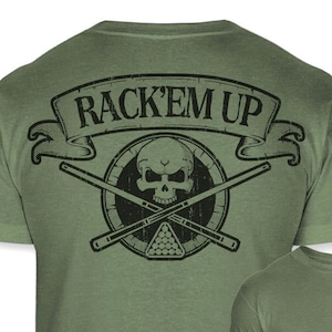 Billiards Skull Crossbones Athletic T-Shirt - Rack&#39;em Up Crossed Pool Sticks Tee Shirt - Jolly Roger Pool Shark Badge Shirt - A99
