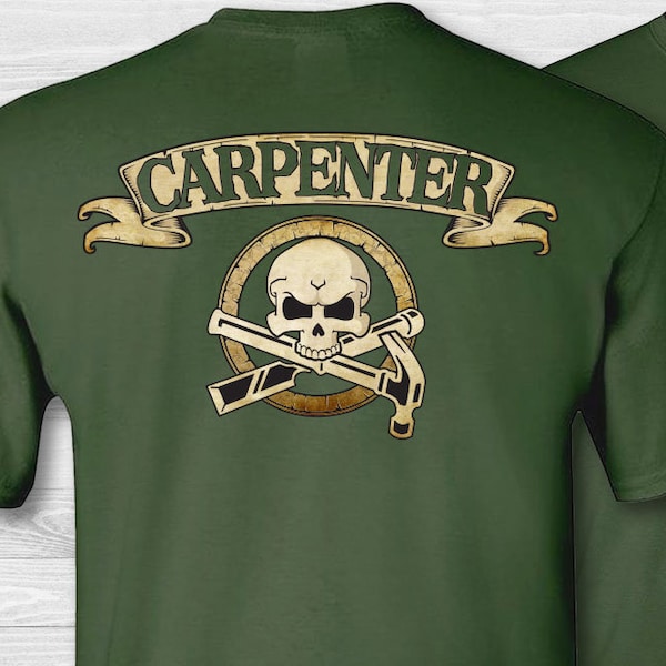 Men's carpenter skull & crossbones t-shirt. Carpenters short sleeve tee shirt. Carpenter 2 sided shirt. Cotton carpentry badge shirt.