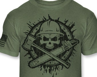 Logger Skull T-Shirt - Logging Chainsaw Axe Crossbones Athletic T Shirt - Jolly Roger Lumberjack American Flag Tee - A135