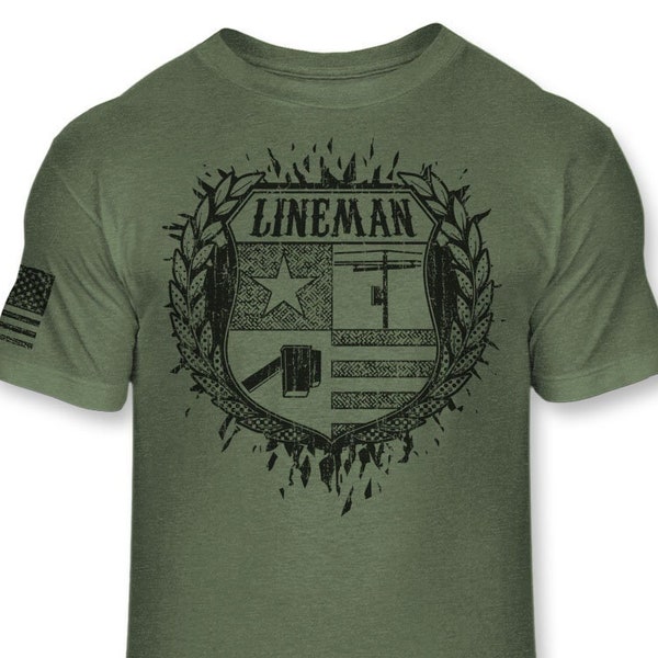 Lineman Crest T-Shirt - Linemans Coat of Arms Shield Shirt - USA Lineworker Badge Emblem Logo Tee - Athletic Blend T-Shirt - A239