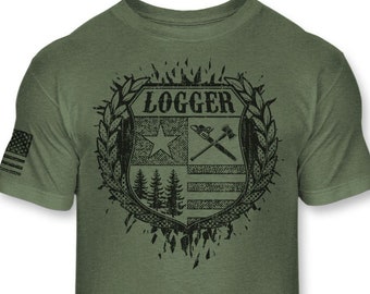 Logger Crest T-Shirt - Loggers Coat of Arms Shield Shirt - Logging Badge Emblem Logo Tee - Athletic Blend T-Shirt - A240