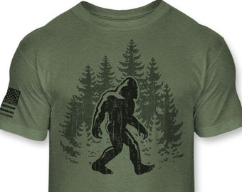 Bigfoot T-Shirt, Funny Sasquatch forest silhouette shirt, Yeti Bigfoot walking in the trees - Big foot Athletic blend T-Shirt - A166