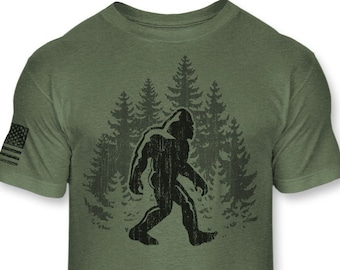 Bigfoot T-Shirt, Funny Sasquatch forest silhouette shirt, Yeti Bigfoot walking in the trees - Big foot Athletic blend T-Shirt - A166