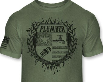 Plumber Crest T-Shirt - Plumbers Coat of Arms Shield Shirt - USA Plumbing Badge Emblem Logo Tee - Athletic Blend T-Shirt - A252