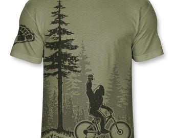 Bigfoot Mountain Bike T Shirt – Funny Sasquatch Mt Bike Graphic Tee, Mountain Biking Shirt for Men, Ultra Soft Blend, No-Feel Print – F008
