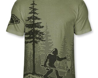 Bigfoot Fishing T Shirt – Funny Sasquatch Angler Graphic Tee, Fisherman Shirt for Men, Ultra Soft Blend, No-Feel Print – F009