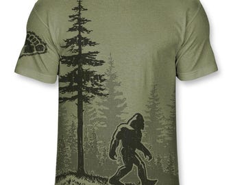 Bigfoot T Shirt for Men – Funny Sasquatch Forest Silhouette Tee, Ultra-Soft Blend, No-Feel Print, Cryptozoology Outdoor Shirt – F001