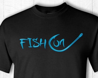 Fish on tee shirt - Fish on hook t-shirt - Fish on text and hook short sleeve tee shirt - Fishing hook shirt - Blue text