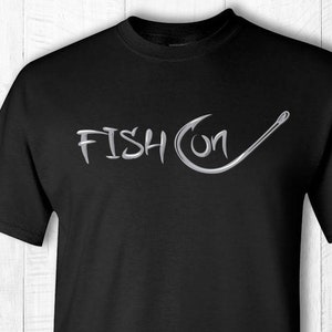 Fish on tee shirt Fish on hook t-shirt Fish on text and hook short sleeve tee shirt Fishing hook shirt Gray text Black