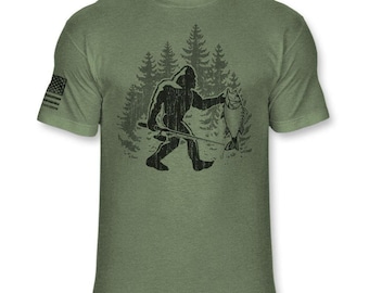 Bigfoot Fishing T-Shirt - Funny Sasquatch Fisherman shirt - Bigfoot Angler shirt - Outdoorsman Soft Blend Athletic Tee - A271