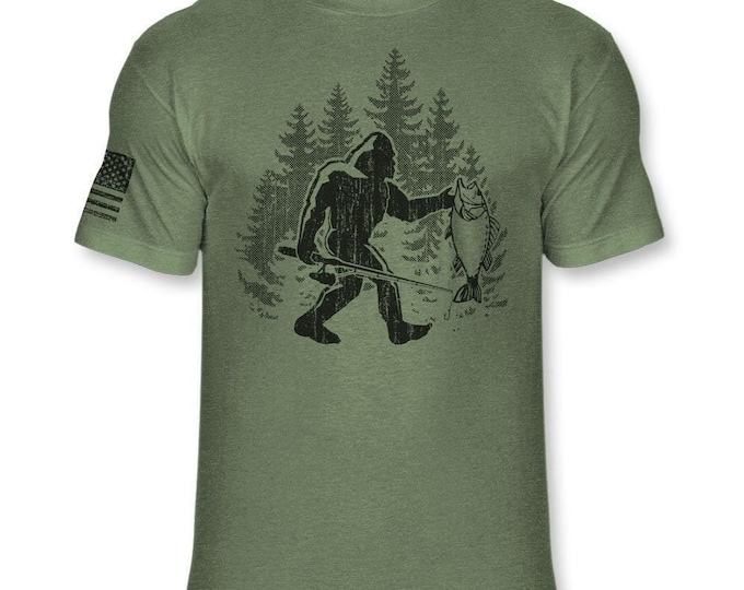 Bigfoot Fishing T-Shirt - Funny Sasquatch Fisherman shirt - Bigfoot Angler shirt - Outdoorsman Soft Blend Athletic Tee - A271
