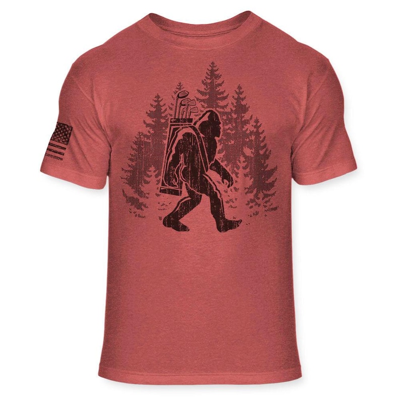 Bigfoot Golfer T-Shirt - Funny Sasquatch Golfing Shirt - Bigfoot Silhouette Golf Shirt - Soft Blend Athletic Tee - A176 Heather Red