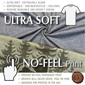 The image is a promotional graphic for a fabric product called "Ultra Soft" and "No-Feel Print". It features a close-up of the fabric, a hand pointing to a button, and a graphic of a white t-shirt. The text highlights the fabric's features, such as being soft, non-itchy, machine washable, and not shrinking. The product is described as a premium no-feel permanent print, designed and printed in the USA, and it is described as a no-feel permanent print.